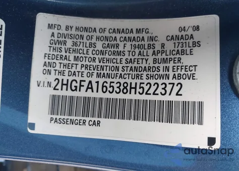 2008 Honda Civic Lx из США, поврежденный, VIN 2HGFA16538H522372